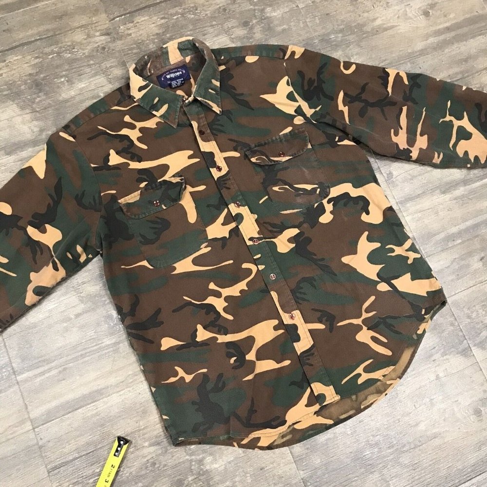 Vintage Williams Bay Camouflage Camo‎ Button Front Shirt grunge Men Size XL